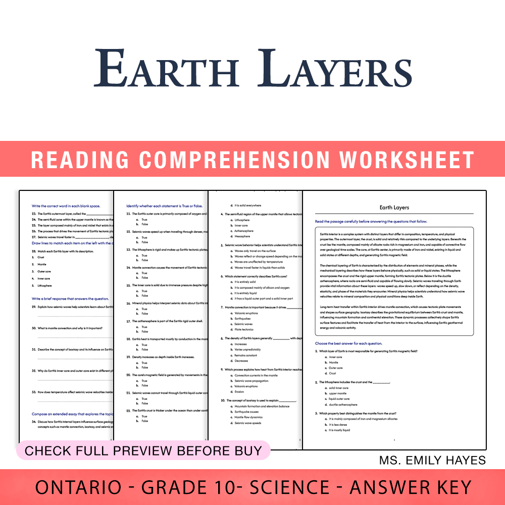 Grade 10 Science worksheet worksheet — Grade 10 Science | Earth Layers Worksheet (PDF + Answer Key) — page 1