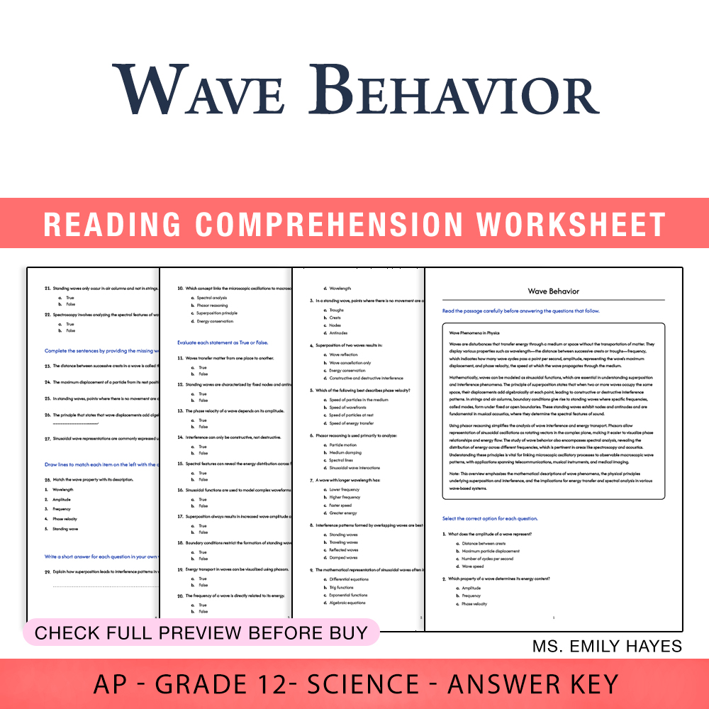Grade 12 Science worksheet assessment worksheet — Grade 12 Science | Wave Behavior Worksheet (PDF+ Answer Key) — page 1