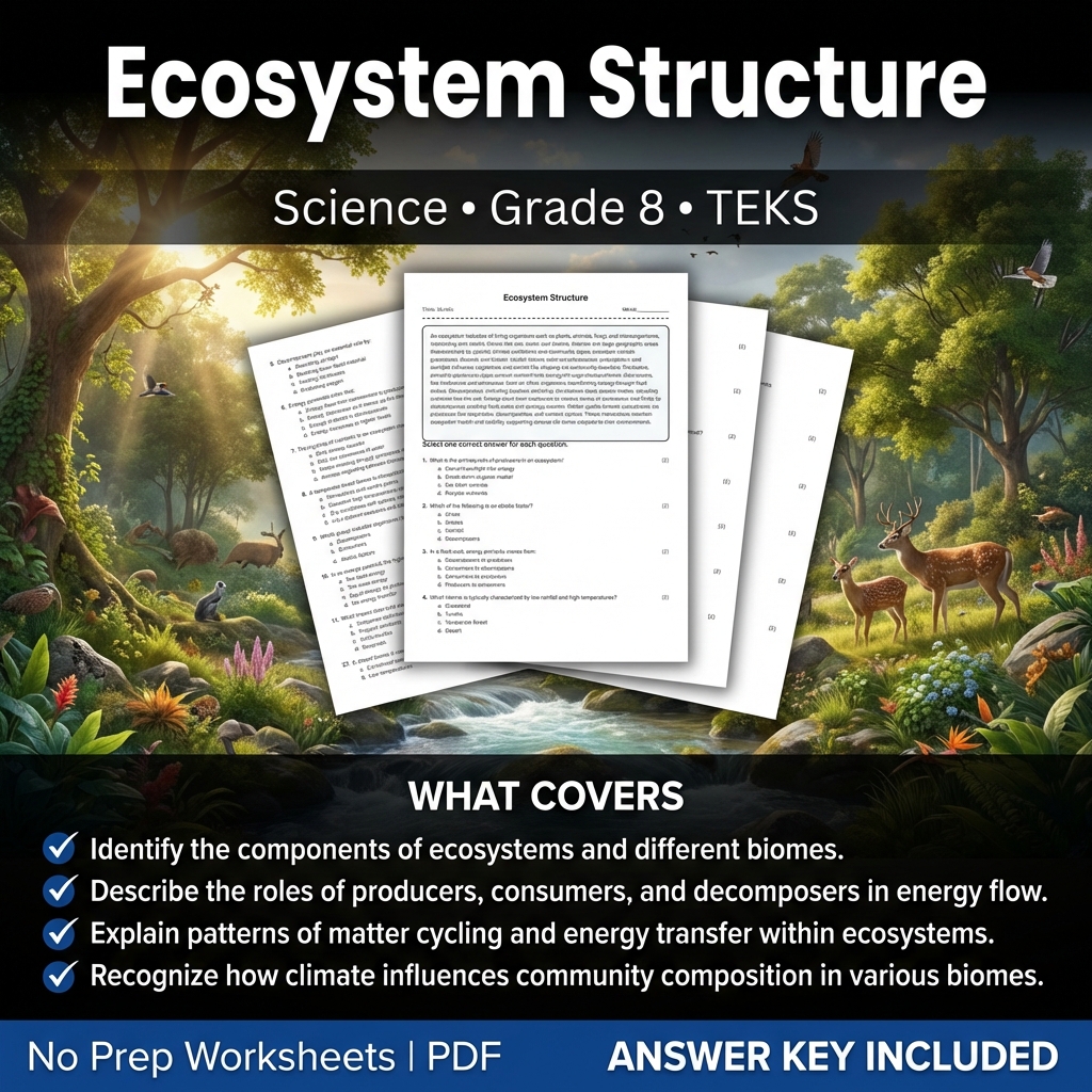 Grade 8 Science Worksheet on Ecosystem Structure | TEKS Aligned