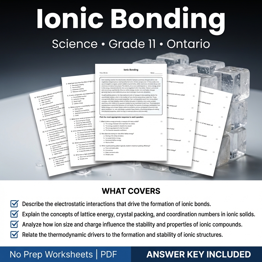 Ionic Bonding Worksheet for Grade 11 Science | Ontario Standards