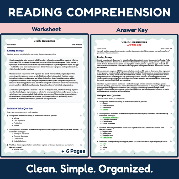 Grade 9 Science reading worksheets worksheet — Grade 9 Science | Genetic Transmission Reading Worksheet (PDF + Rubric) — p…