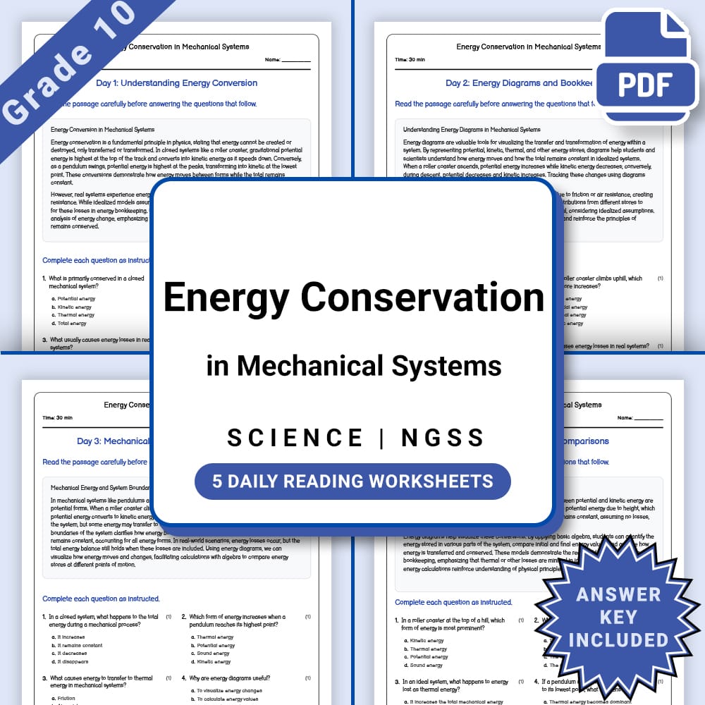 Grade 10 Science daily reading worksheet worksheet — Grade 10 Science – Energy Conservation in Mechanical Systems (PDF +An…