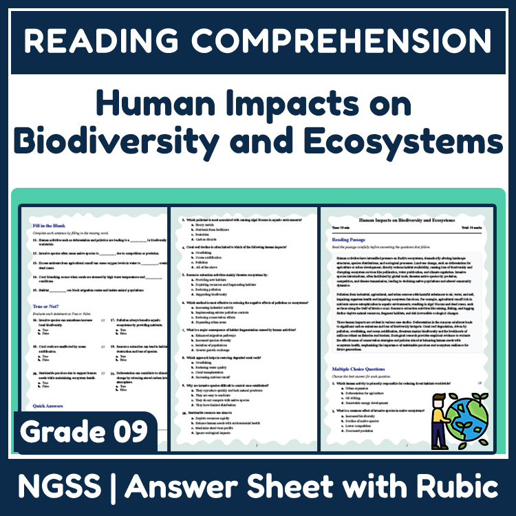 Grade 9 Science reading worksheets worksheet — 9th Grade Science | Human Impacts on Biodiversity & Ecosystems Reading Work…