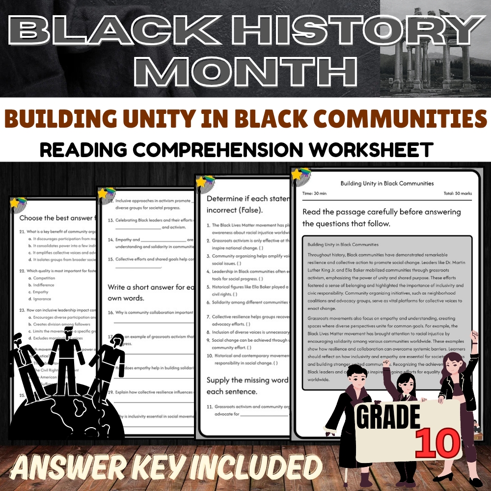 Grade 10 | Black History Month Worksheet for Building Unity | PDF + Answer Key