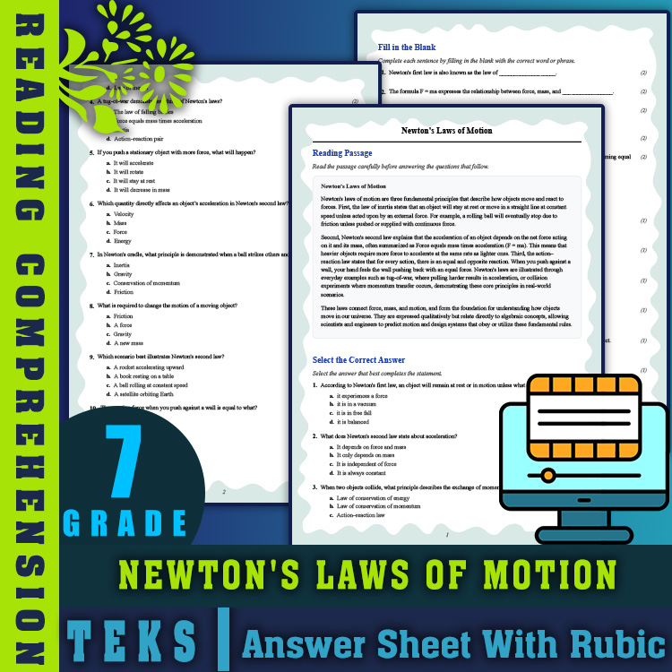 Grade 7 Science reading worksheets worksheet — 7th Grade Science | Newton's Laws of Motion Reading Worksheet (PDF + Answer…