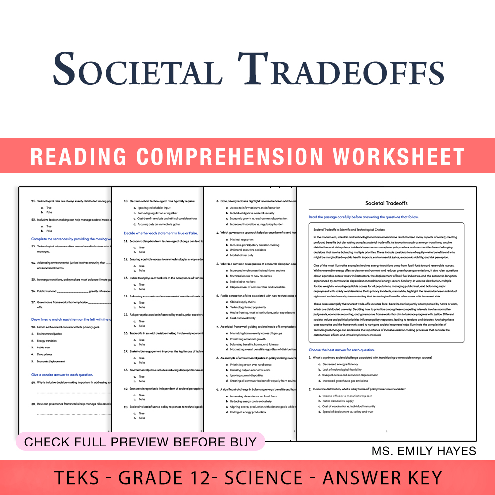 Grade 12 Science worksheet worksheet — Grade 12 Science | Societal Tradeoffs Worksheet (PDF+ Answer Key) — page 1