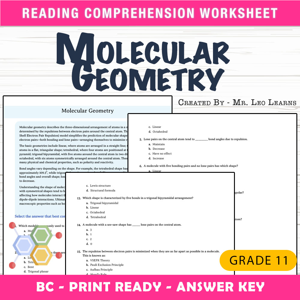 Grade 11 Science worksheet mcq paper worksheet — Grade 11 Science — Worksheet MCQ Paper for Mastering Molecular Geometry —…