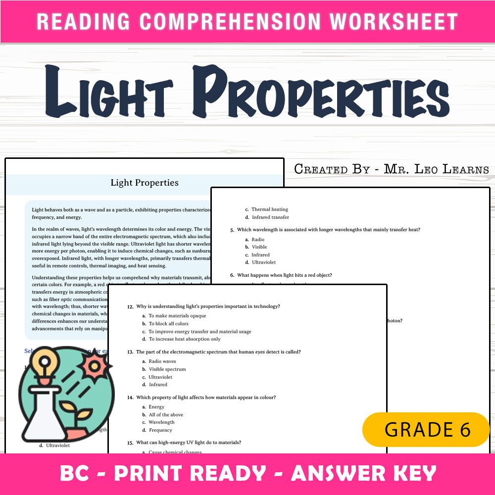 Grade 6 Science worksheet mcq paper worksheet — Grade 6 Science — Light Properties Worksheet MCQ Paper for Mastery — page 1