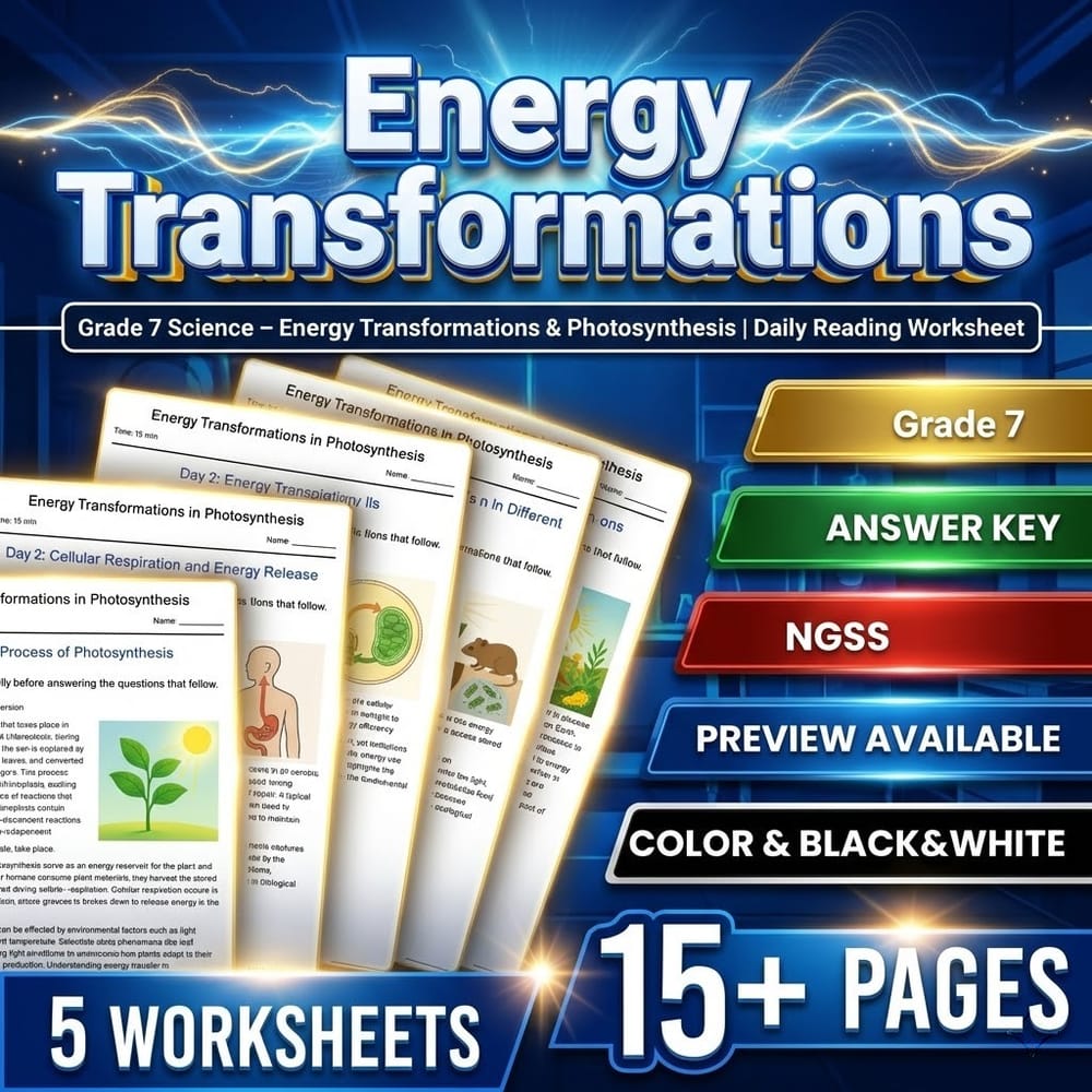 Grade 7 Science daily reading worksheet — Grade 7 Science  Energy Transformations & Photosynthesis Daily Reading Worksheet