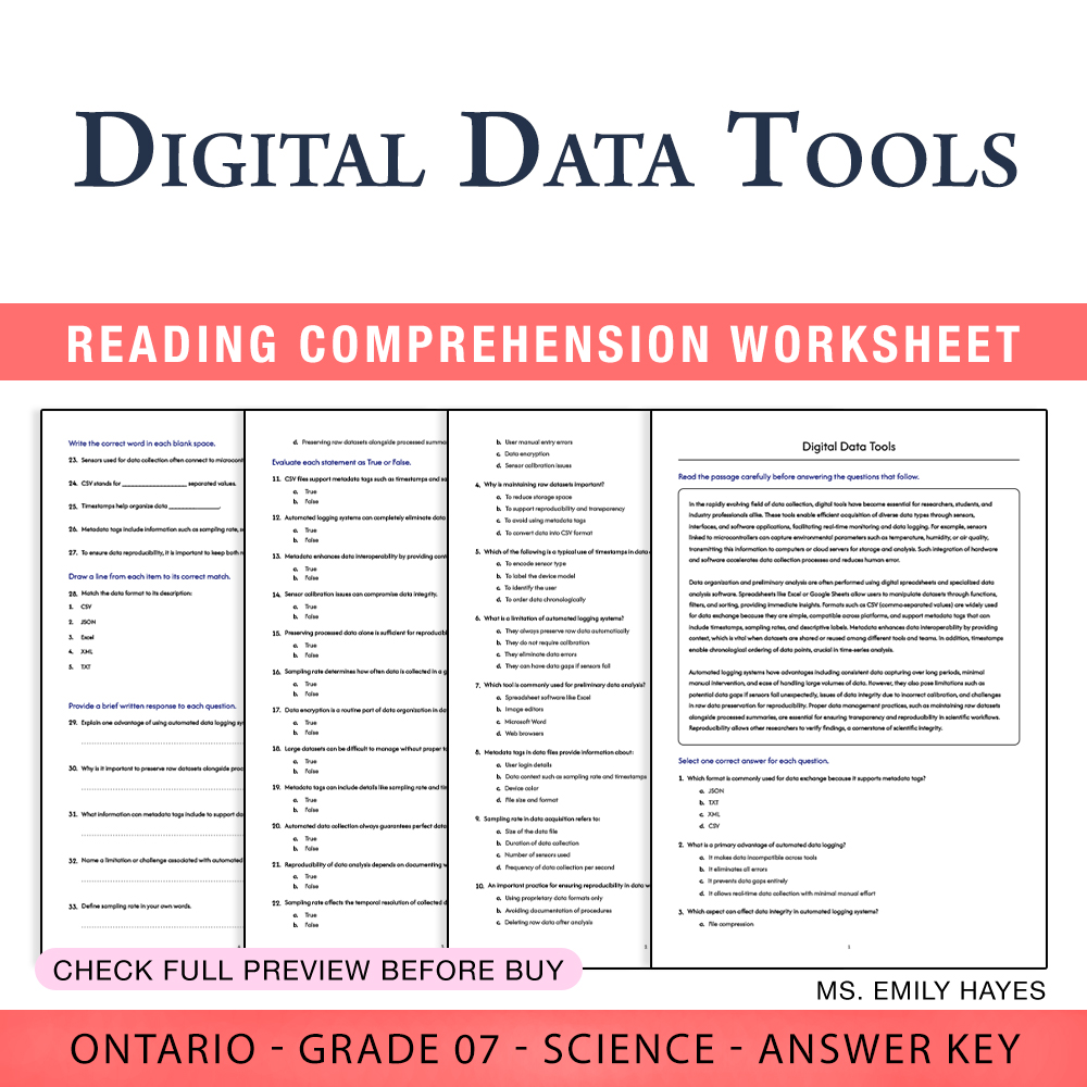Grade 7 Science worksheet worksheet — 7th Grade Science | Digital Data Tools Worksheet (PDF+ Answer Key) — page 1