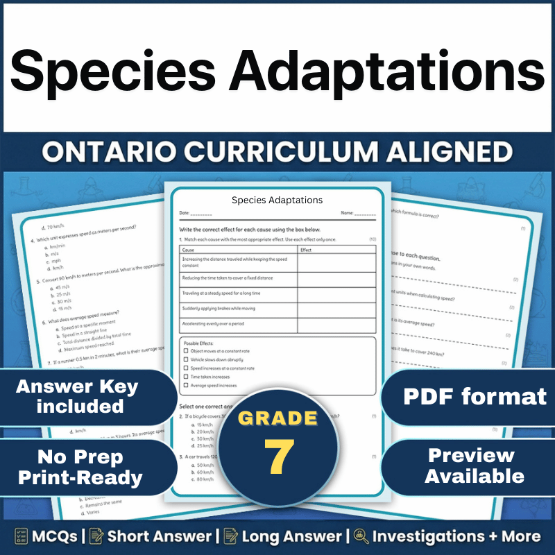 Grade 7 Science – Species Adaptations Worksheet (Ontario) PDF