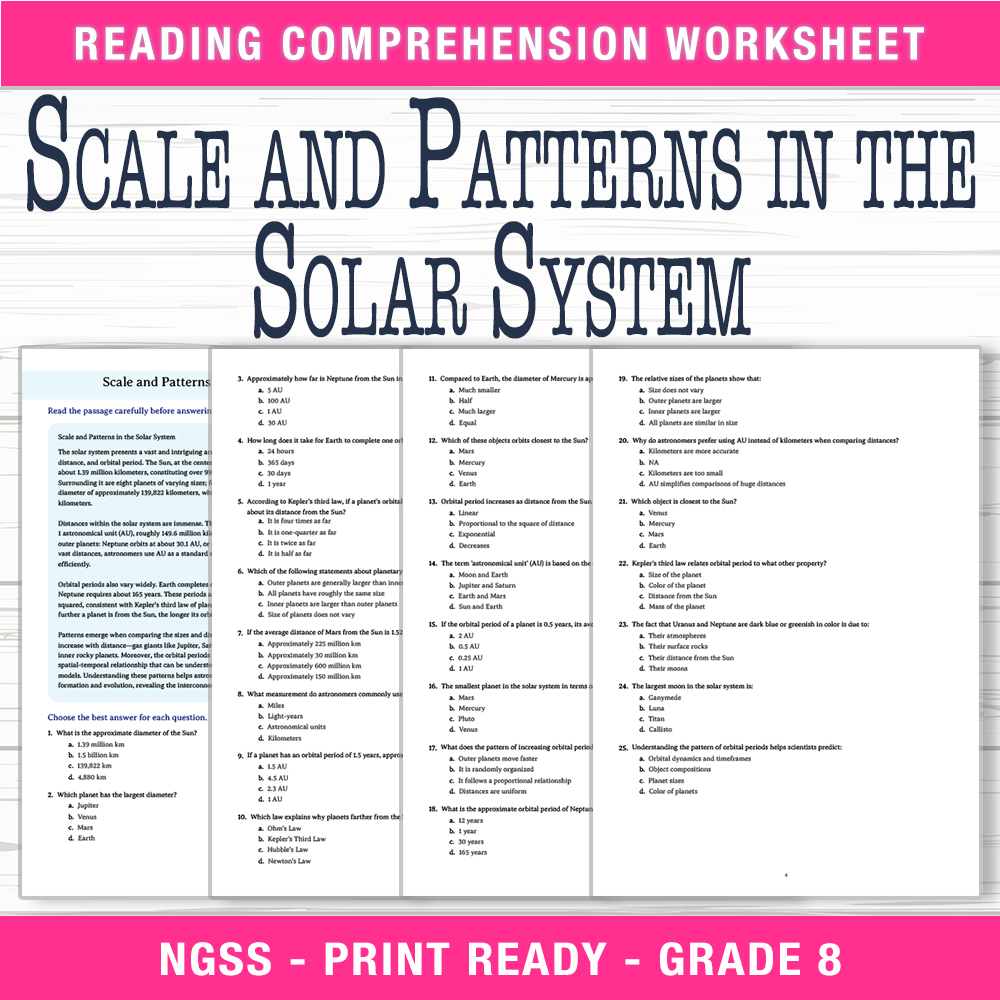 Grade 8 Science worksheet worksheet — Grade 8 Science | Scale and Patterns in the Solar System Worksheet (PDF) — page 1