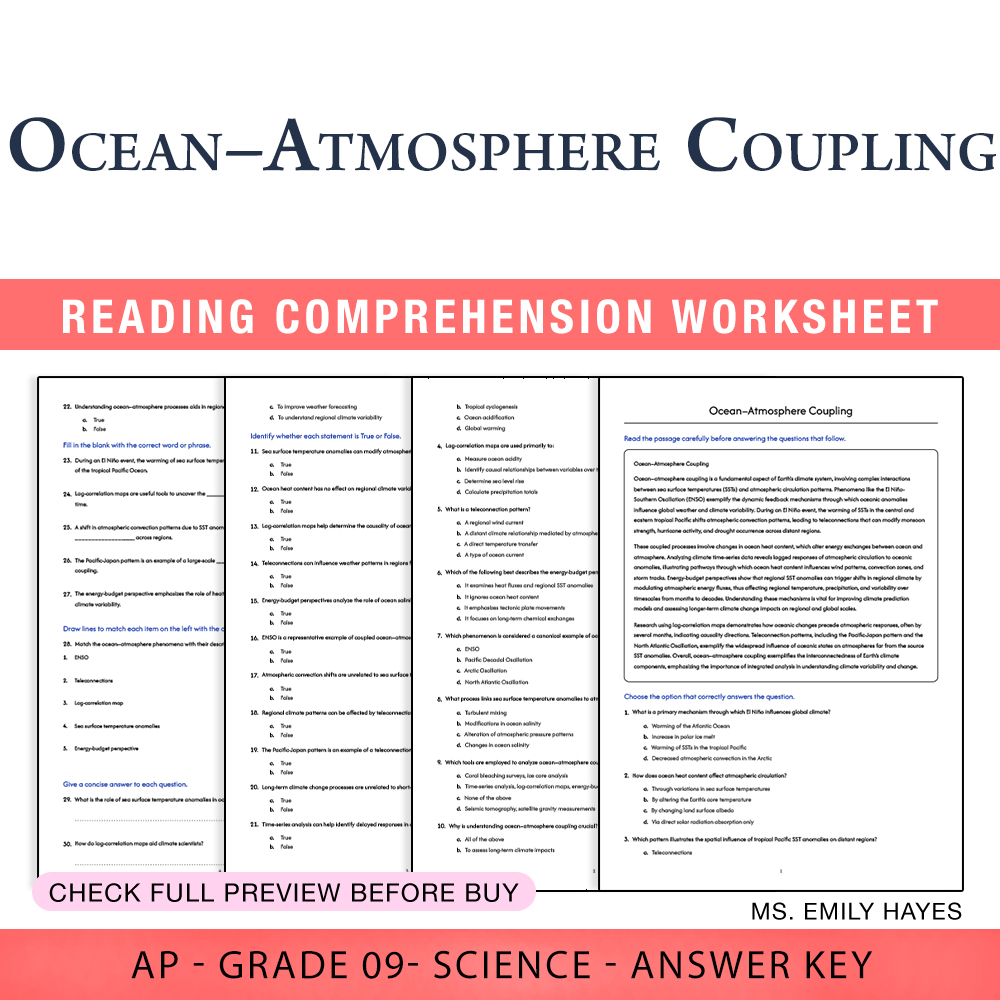 Grade 9 Science worksheet worksheet — 9th Grade Science | Ocean–Atmosphere Coupling Worksheet (PDF+ Answer Key) — page 1