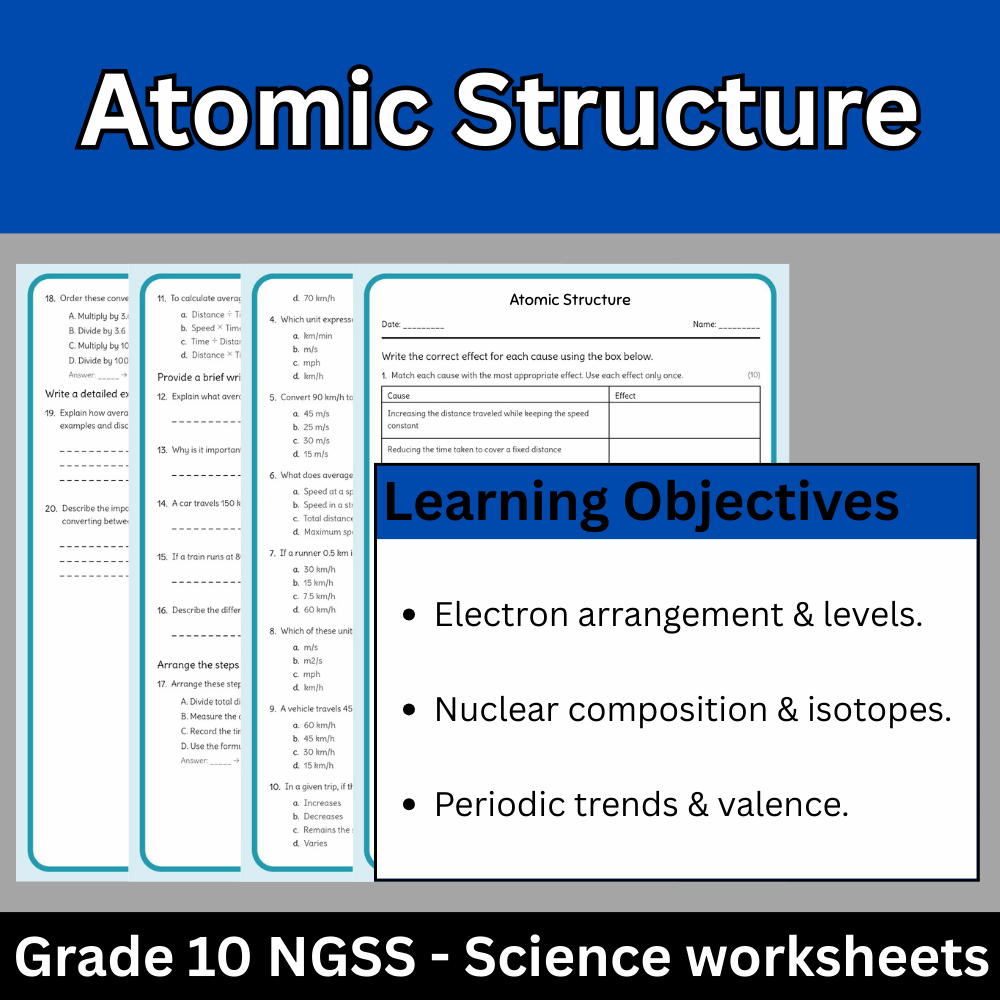 Grade 10 Science | Atomic Structure Worksheet (Answer Key) | NGSS Aligned