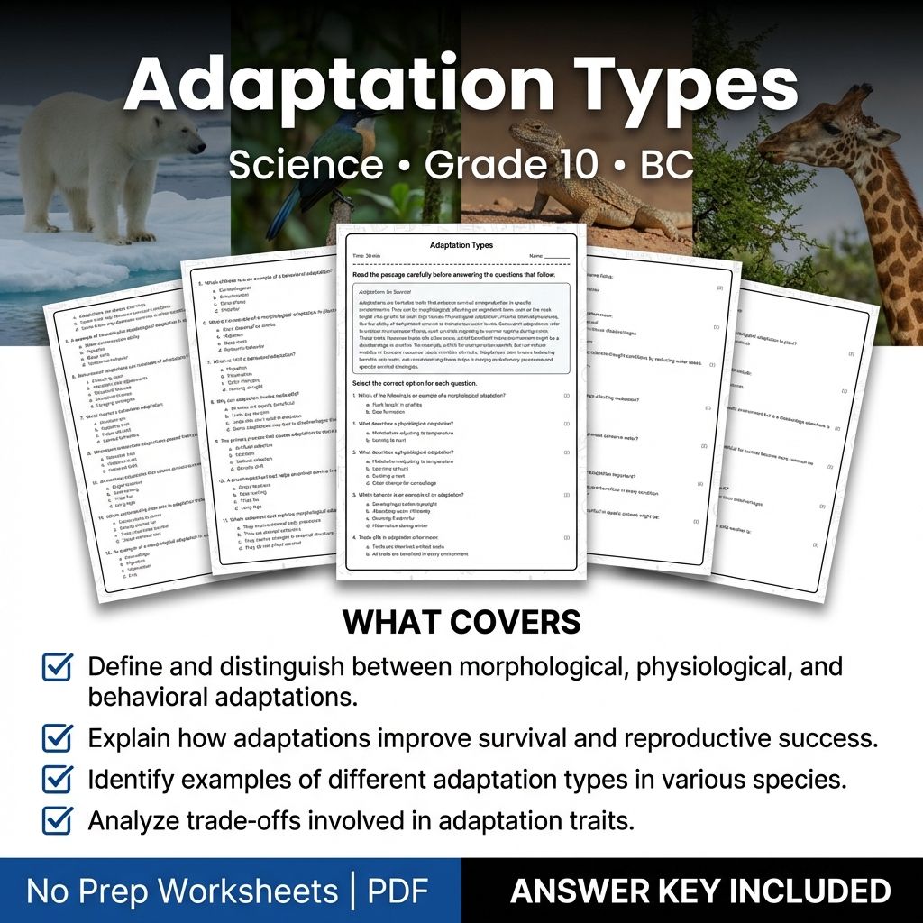 10th Grade Science | Adaptation Types Worksheet & Answer Key (PDF)