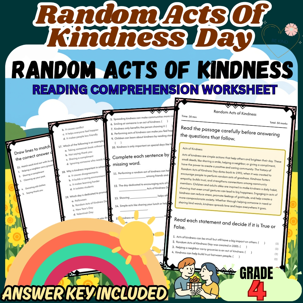 Grade 4 Holiday Random Acts of Kindness Worksheet for Mastery | PDF + Answer Key