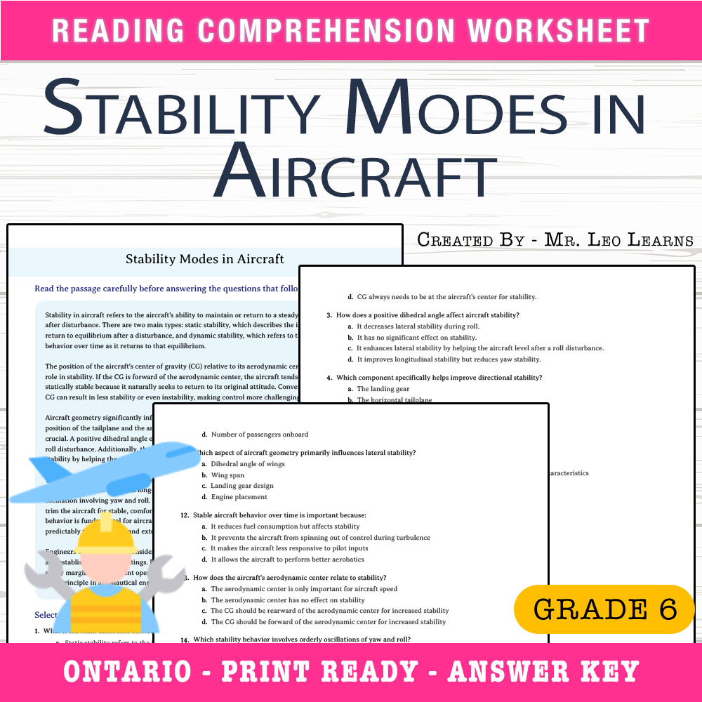 Grade 6 Science worksheet worksheet — Grade 6 Science — Stability Modes in Aircraft Worksheet for Mastery — page 1