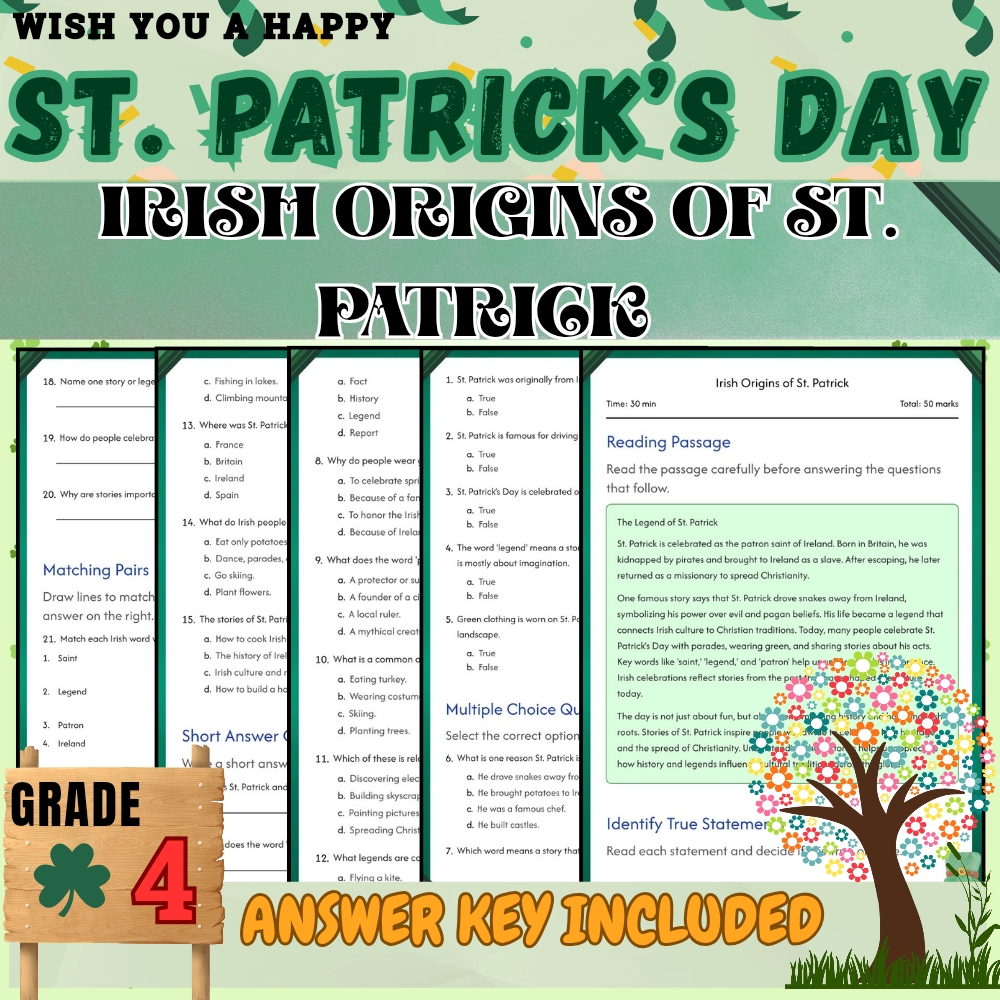 Grade 4 Seasonal – St. Patrick's Day Worksheets Pack for Irish Culture & Symbols — included worksheet 4