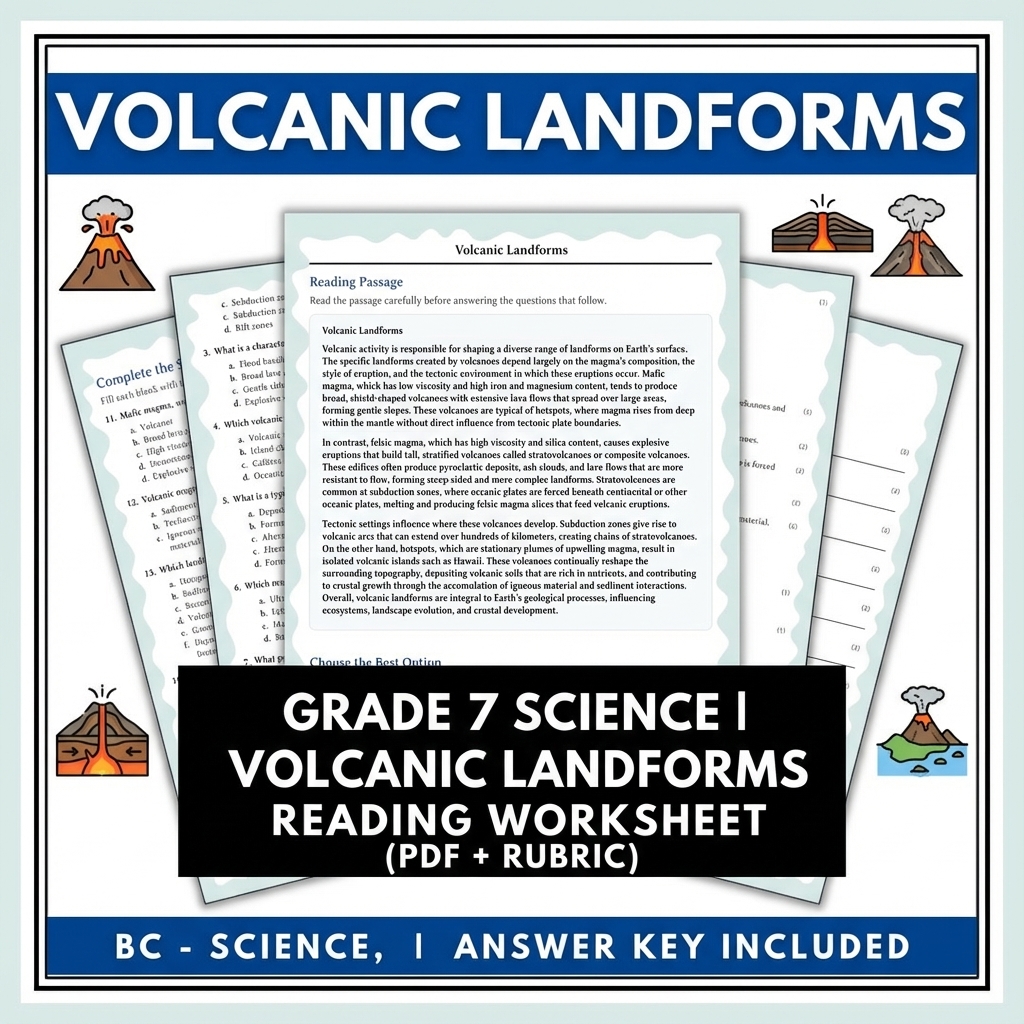 Grade 7 Science reading worksheets — Grade 7 Science | Volcanic Landforms Reading Worksheet (PDF + Rubric)