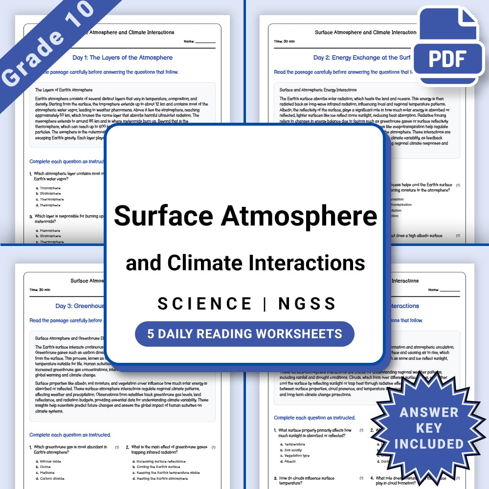Grade 10 Science daily reading worksheet worksheet — Grade 10 Science – Surface Atmosphere and Climate Interactions (PDF +…