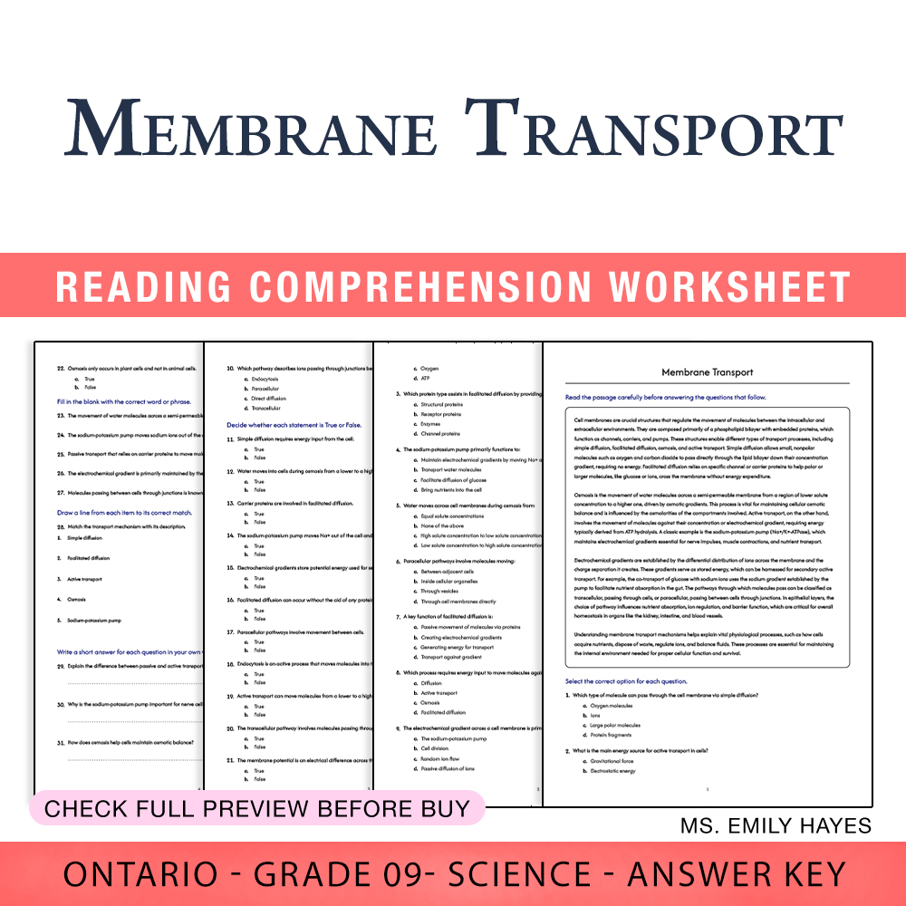 Grade 9 Science worksheet worksheet — Grade 9 Science | Membrane Transport Worksheet (PDF + Answer Key) — page 1