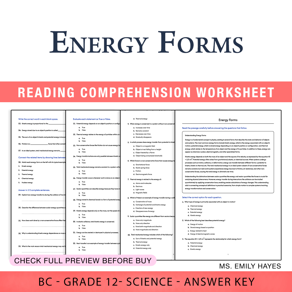 Grade 12 Science worksheet worksheet — Grade 12 Science | Energy Forms Worksheet (PDF + Answer Key) — page 1