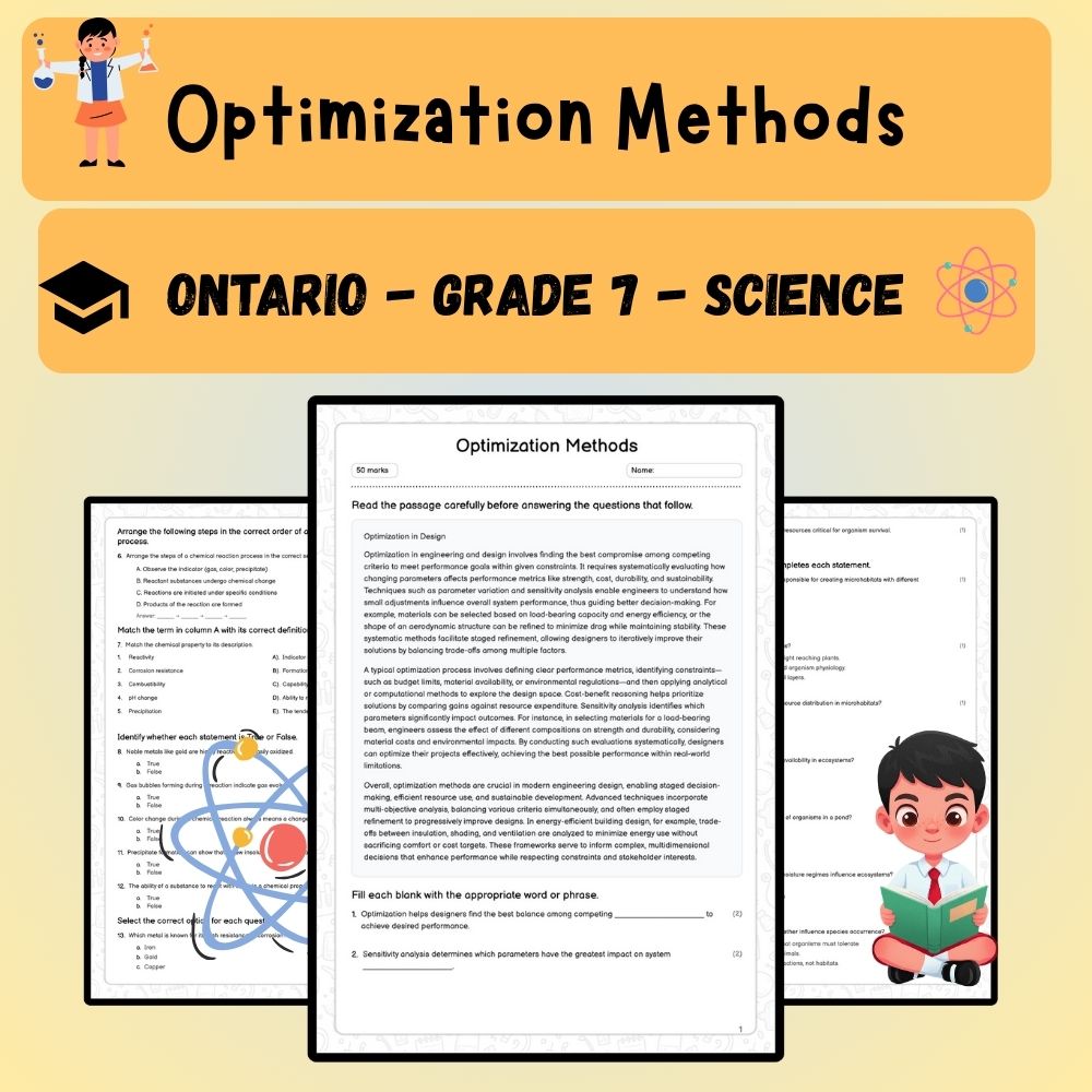 Grade 7 Science worksheet worksheet — Grade 7 Science | Optimization Methods Worksheet (PDF ) – Ontario Standards — page 1