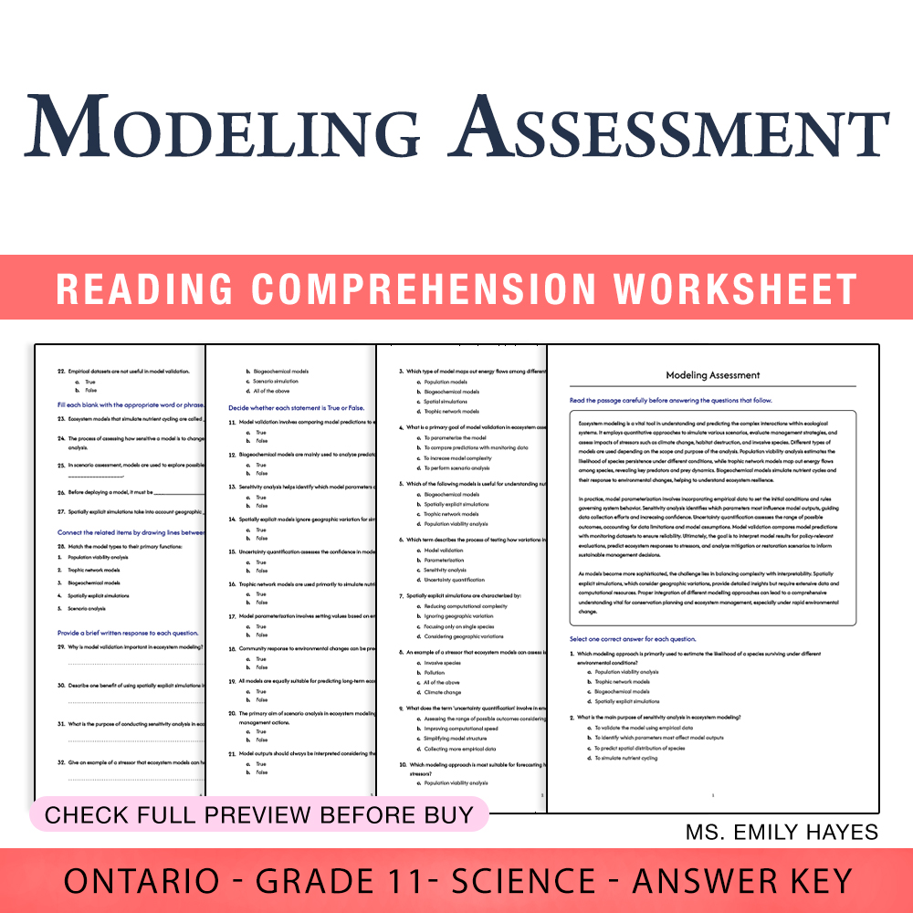 Grade 11 Science worksheet worksheet — Grade 11 Science | Ecosystem Modeling Assessment Worksheet (PDF + Answer Key) — page 1