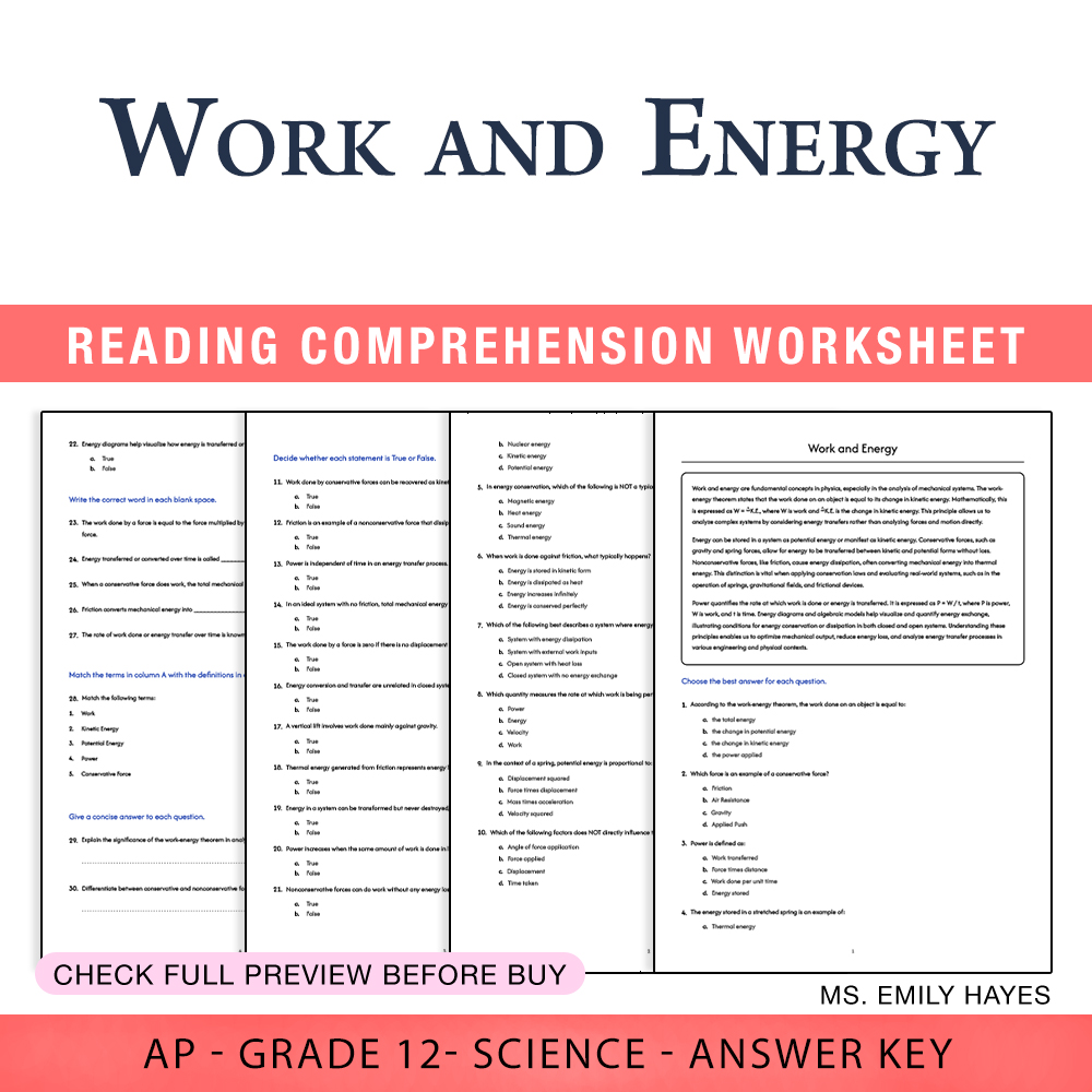 Grade 12 Science worksheet assessment worksheet — Grade 12 Science | Work and Energy Assessment Worksheet (PDF+ Answer Key…