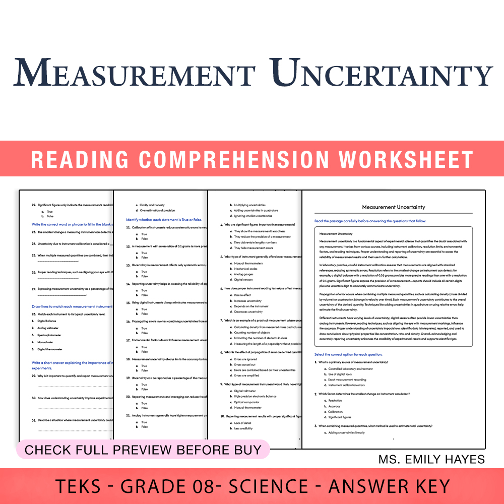 Grade 8 Science worksheet worksheet — 8th Grade Science | Measurement Uncertainty Worksheet (PDF+ Answer Key) — page 1