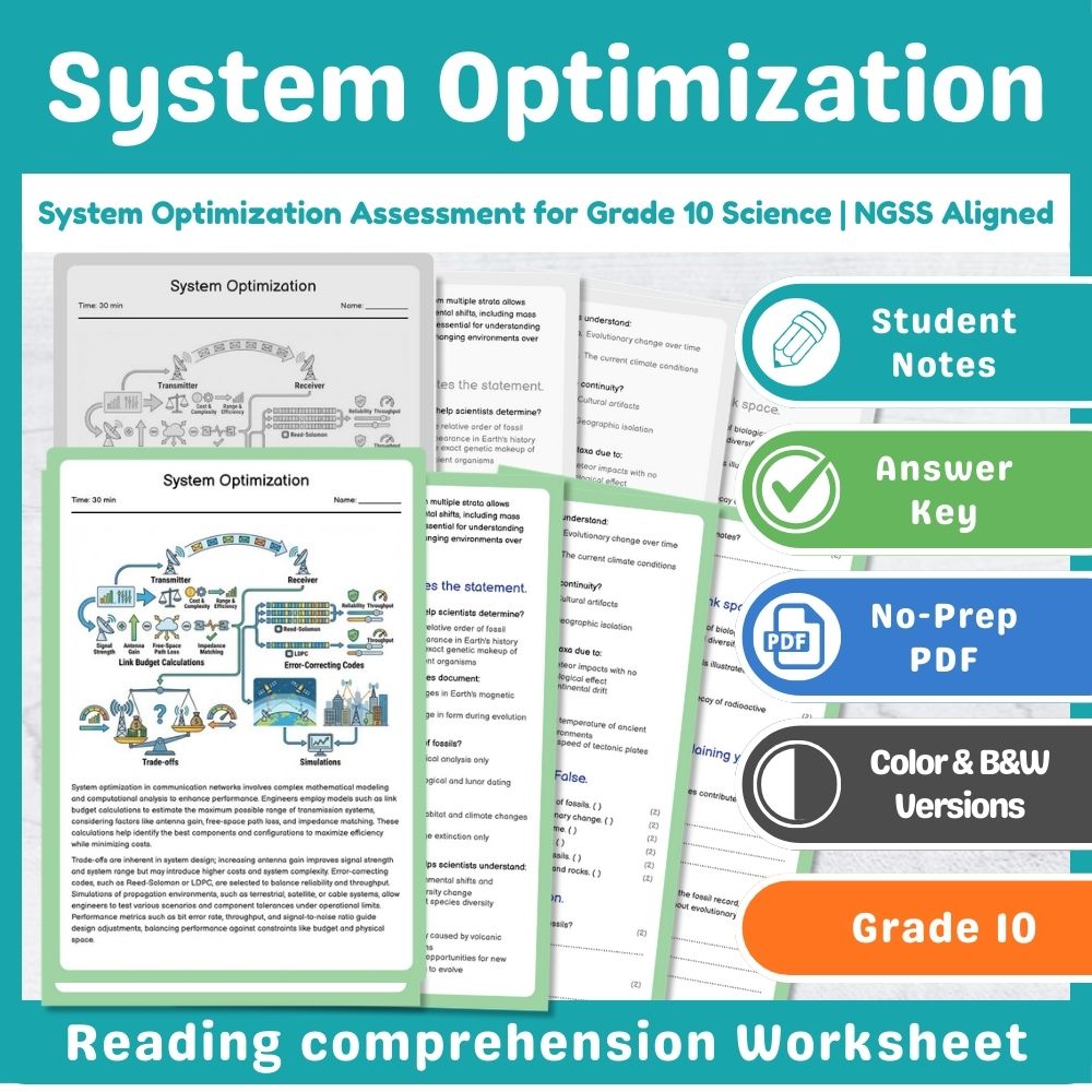 Grade 10 Science assessment worksheet — System Optimization Assessment for Grade 10 Science | NGSS Aligned