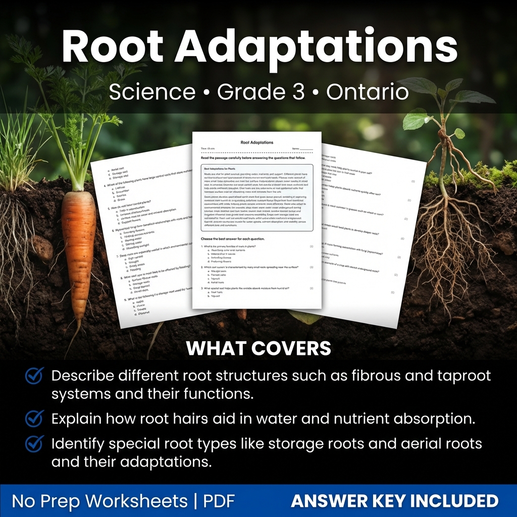 Root Adaptations Science Worksheet for Grade 3 | Ontario Standards