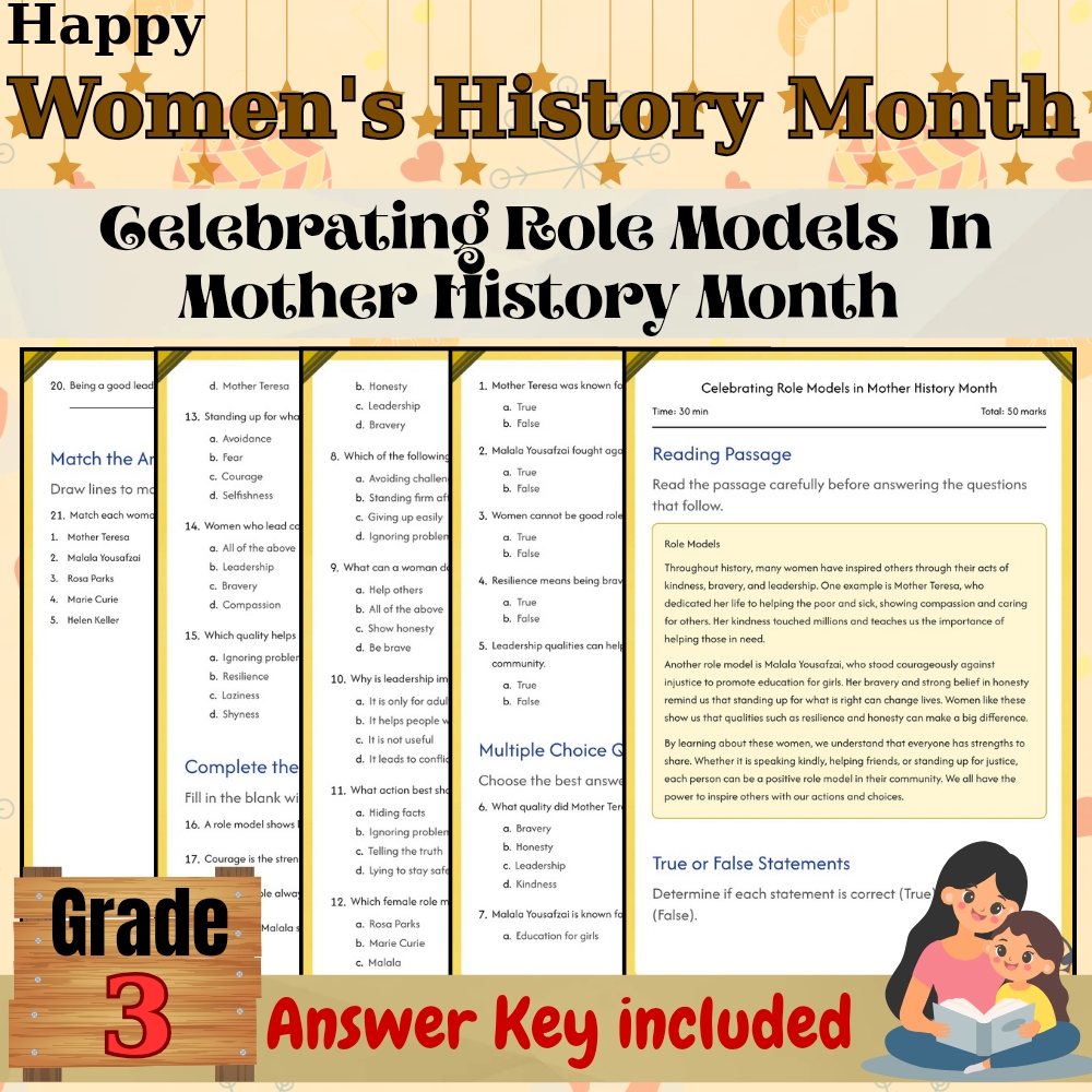 Grade3|Mother History Month Worksheet for Celebrating Role Models|PDF+Answer Key