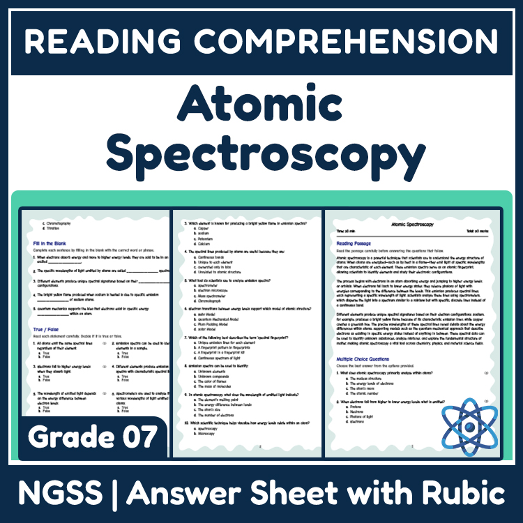 Science reading worksheets worksheet — 7th Grade Science Worksheets | Atomic Spectroscopy NGSS Practice (Answer Key) — page 1