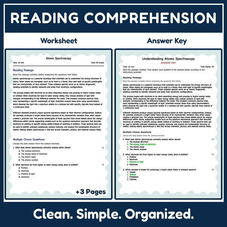 Science reading worksheets worksheet — 7th Grade Science Worksheets | Atomic Spectroscopy NGSS Practice (Answer Key) — page 2