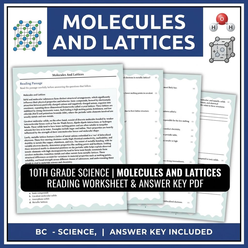 10th Grade Science | Molecules and Lattices Reading Worksheet & Answer Key PDF