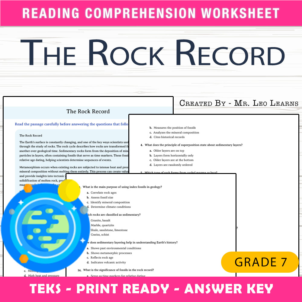 Grade 7 Science worksheet worksheet — Grade 7 Science — The Rock Record Worksheet for Mastering Earth's History — page 1