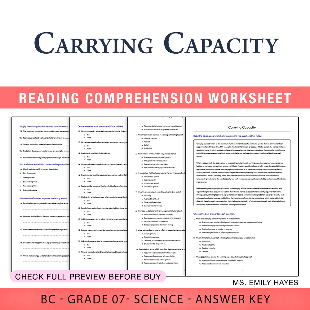 Grade 7 Science worksheet worksheet — Grade 7 Science | Carrying Capacity Worksheet (PDF+ Answer Key) — page 1