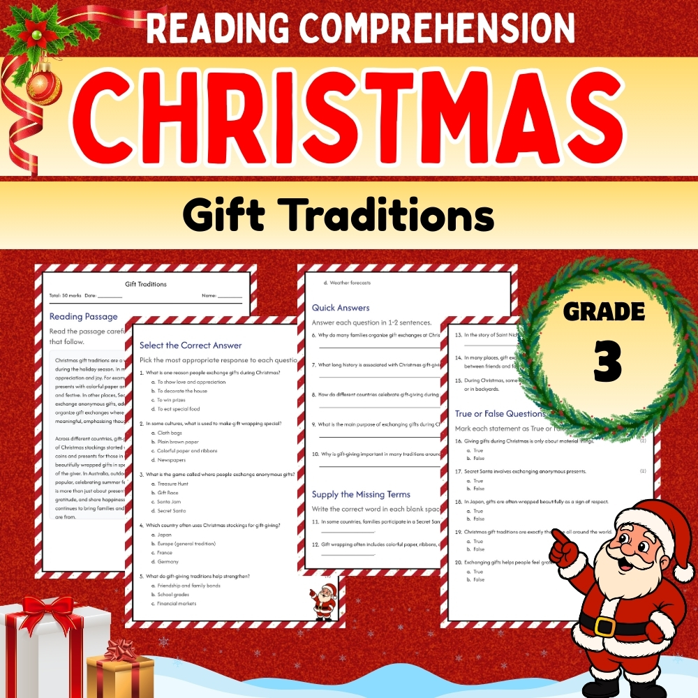 Grade 3 Seasonal Worksheets | Christmas Gift Traditions Lesson & Activities