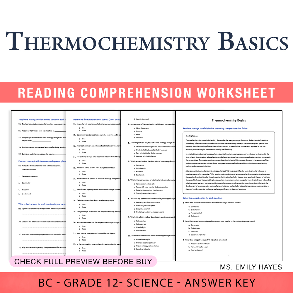 Grade 12 Science worksheet worksheet — Grade 12 Science | Thermochemistry Basics Worksheet (PDF + Answer Key) — page 1