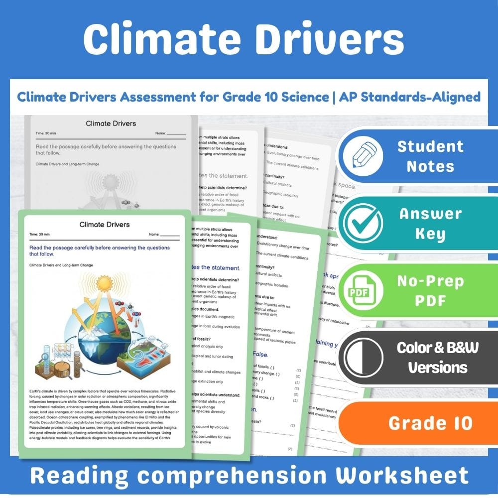 Grade 10 Science assessment worksheet — Climate Drivers Assessment for Grade 10 Science | AP Standards-Aligned — page 1