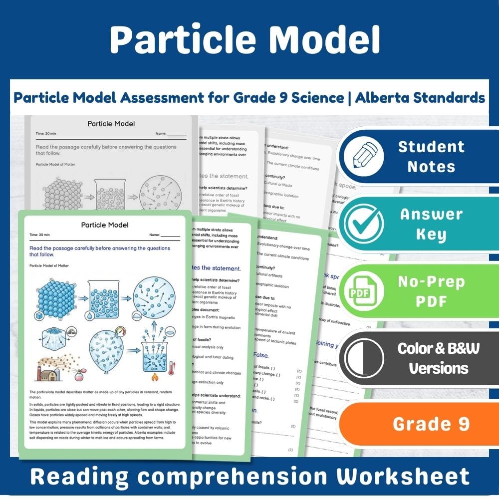 Grade 9 Science assessment worksheet — Particle Model Assessment for Grade 9 Science | Alberta Standards — page 1