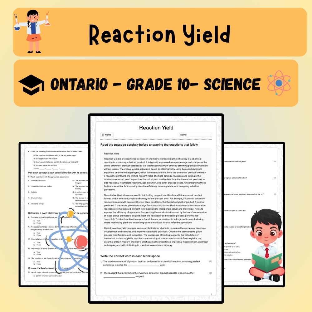 Grade 10 Science worksheet worksheet — Grade 10 Science | Reaction Yield Worksheet (PDF) for Ontario Standards — page 1