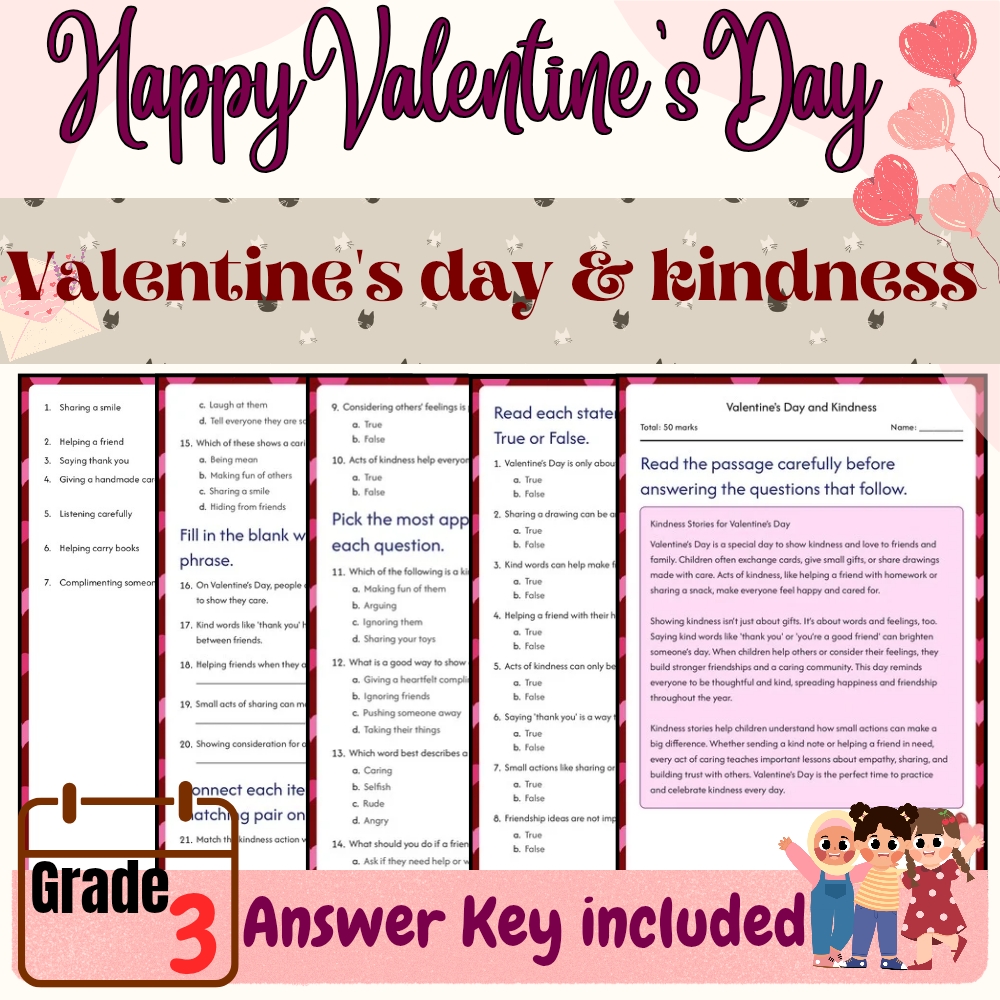 Grade 3 Seasonal valentine day worksheet — Grade 3 Seasonal Valentine’s Day Worksheet for Kindness & Sharing|PDF+Answer Key
