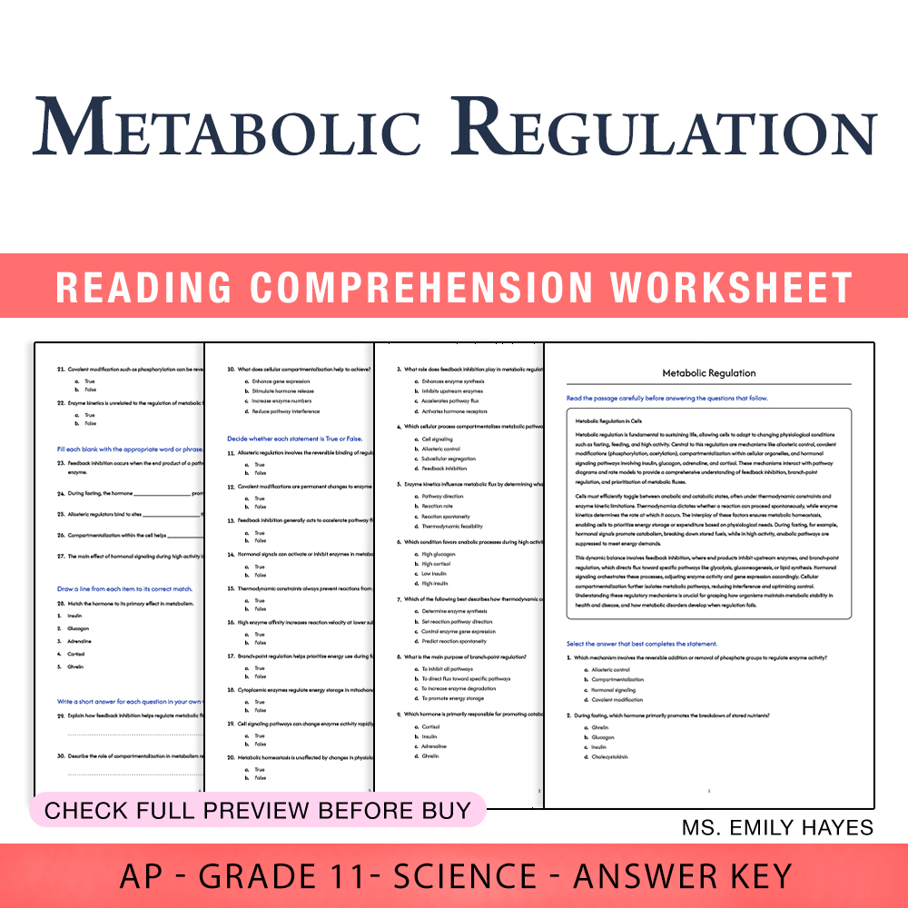 Grade 11 Science worksheet assessment worksheet — Grade 11 Science | Metabolic Regulation Worksheet (PDF+ Answer Key) — pa…