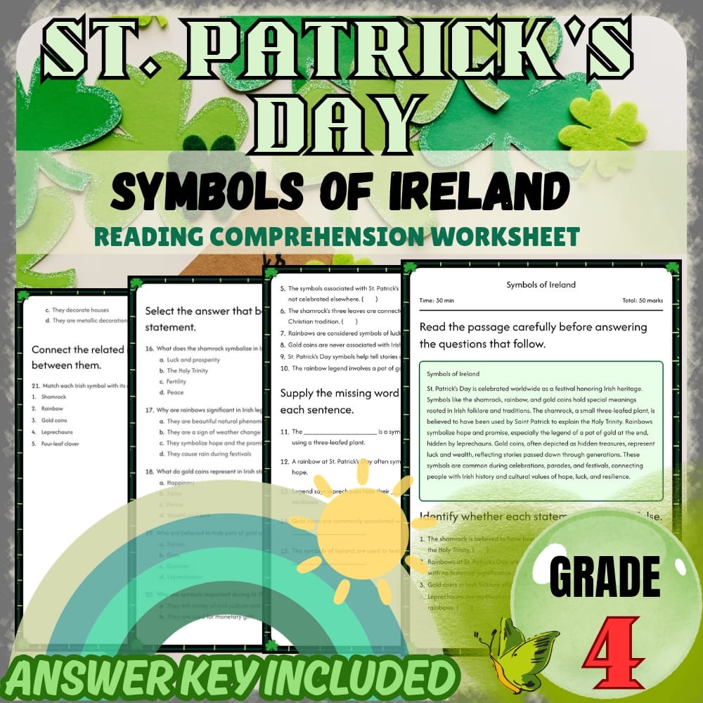 Grade 4 St. Patrick's Day Holiday Worksheets Bundle | Holiday Activities — included worksheet 4