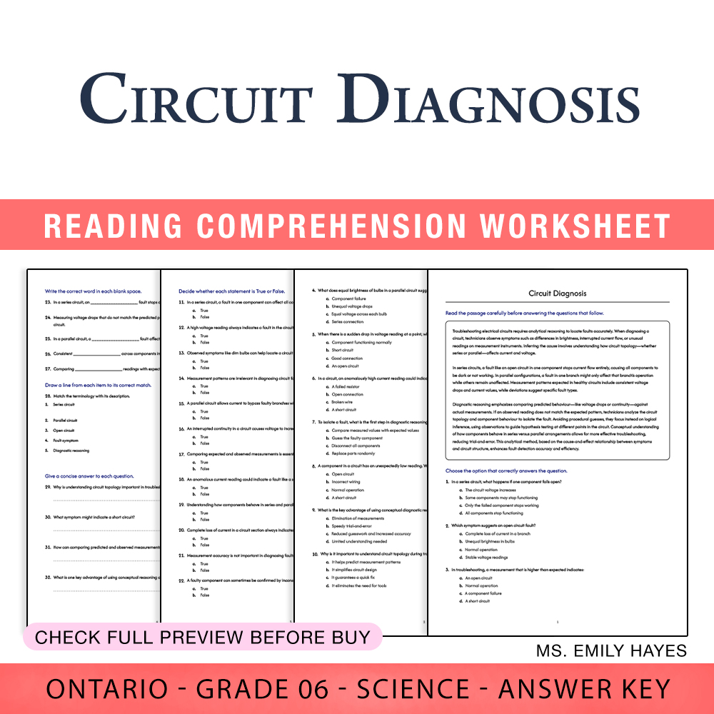 Grade 6 Science worksheet worksheet — 6th Grade Science | Circuit Diagnosis Worksheet (PDF + Answer Key) — page 1