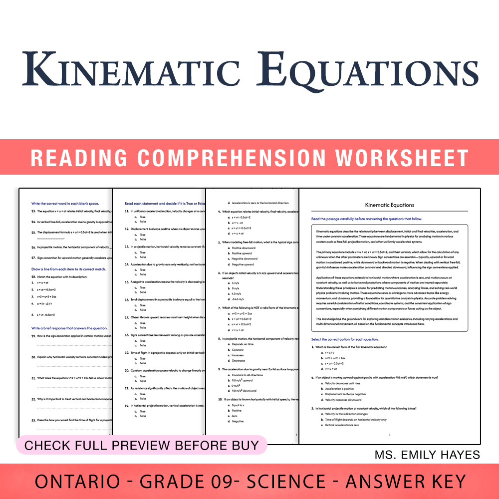 Grade 9 Science worksheet worksheet — 9th Grade Science | Kinematic Equations Worksheet (PDF + Answer Key) — page 1