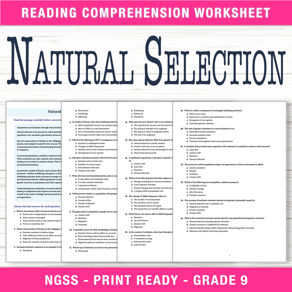 Grade 9 Science worksheet worksheet — Grade 9 Science | Natural Selection Worksheet (PDF + Answer Key) — page 1