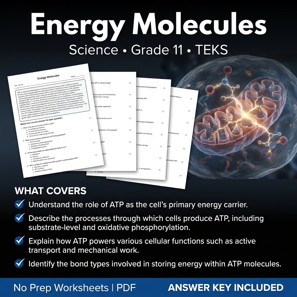 Energy Molecules Worksheet for Grade 11 Science | TEKS-Aligned Practice